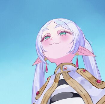 1girl breasts capelet closed_mouth dress earrings elf floating_earrings frieren green_eyes grey_hair hashtag-only_commentary highres jewelry long_hair long_sleeves meme mile_(off8mile) parted_bangs pointy_ears simple_background solo sousou_no_frieren teardrop_earrings twintails upward_angle_frieren_drawing_(meme) white_capelet white_hair