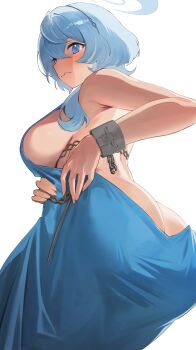 1girl absurdres ako_(blue_archive) ako_(dress)_(blue_archive) ao_tsukushi ass backless_dress backless_outfit blue_archive blue_dress blue_eyes blue_hair blue_halo blush breasts butt_crack dress halo highres jewelry large_breasts long_hair looking_at_viewer official_alternate_costume sideboob simple_background sleeveless sleeveless_dress solo