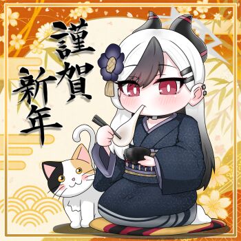 1girl black_hair blue_archive bowl cat chopsticks collarbone commentary_request food hair_ornament halo highres holding holding_chopsticks horns japanese_clothes kayoko_(blue_archive) kayoko_(new_year)_(blue_archive) kimono mochi mole mole_on_collarbone multicolored_hair obi official_alternate_costume red_eyes sash seiza sitting tomimon translation_request white_hair