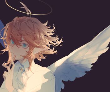 1boy ahoge angel angel_wings black_background blue_eyes brown_hair collared_shirt feathered_wings finger_to_mouth hair_between_eyes halo liulianjingrua looking_at_viewer male_focus original pointy_ears shirt short_hair simple_background solo upper_body white_shirt white_wings wings