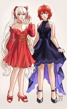 2girls absurdres ahoge alternate_costume artist_name bare_arms bare_legs bare_shoulders black_dress black_eyes black_shoes breasts choker cleavage closed_mouth collarbone dress female_morgan_(fire_emblem) fire_emblem fire_emblem_awakening full_body hair_ribbon high_heels highres jewelry legs long_dress long_hair long_sleeves medium_breasts multiple_girls necklace nintendo off-shoulder_dress off_shoulder official_alternate_hair_color red_choker red_dress red_hair red_shoes ribbon severa_(fire_emblem) shoes short_hair siblings simple_background sisters sleeveless sleeveless_dress small_breasts smile tamafry twintails very_long_hair watermark white_background white_hair white_ribbon