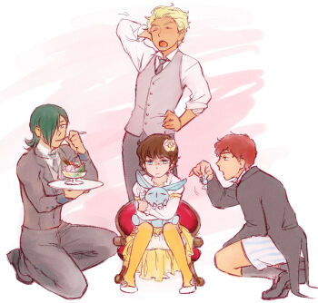 Rule 34 | 00s, 1girl, 3boys, age difference, allelujah haptism, amuro ray, blonde hair, bloomers, blue eyes, boxers, brown hair, candy, closed eyes, collared shirt, crossover, dark skin, dearka elsman, dress, eating, flower, food, formal clothes, frills, green eyes, green hair, gundam, gundam 00, gundam seed, gundam zz, hair over one eye, hand on own hip, ice cream, jacket, kneeling, leina ashta, long hair, male underwear, mobile suit gundam, multiple boys, necktie, no pants, open mouth, pantyhose, red hair, shirt, shoes, short hair, sitting, size difference, socks, striped, stuffed animal, stuffed rabbit, stuffed toy, suit, sundae, underwear, vest