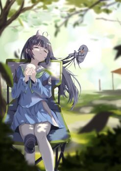 1girl absurdres ahoge animal_ears black_hair blue_archive blue_serafuku blue_shirt blue_skirt blunt_bangs blurry chair closed_eyes commentary cup dappled_sunlight day depth_of_field disembodied_hand fake_animal_ears feet_out_of_frame floating_hair gloves green_neckerchief hands_up head_tilt highres holding holding_cup long_hair long_sleeves miniskirt miyu_(blue_archive) neckerchief on_chair outdoors own_hands_together pantyhose park parted_lips pleated_skirt puffy_long_sleeves puffy_sleeves rabbit_ears sailor_collar school_uniform serafuku shirt shiu_kyu sidelocks sitting skirt sleeping solo sunlight white_gloves white_pantyhose white_sailor_collar
