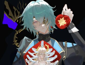 1girl 2boys anaxa_(honkai:_star_rail) apple aqua_hair bare_shoulders black_capelet black_jacket blending blonde_hair calypso_(honkai:_star_rail) capelet closed_eyes closed_mouth covered_face dress earrings exposed_bone expressionless eyepatch flame_reaver_of_the_deepest_dark food food_bite fruit green_eyes hair_between_eyes hair_intakes hair_over_shoulder hair_tubes hand_up head_tilt highres holding holding_food holding_fruit hole_in_chest hole_on_body honkai:_star_rail honkai_(series) hood hood_up irzm30 jacket jewelry long_hair long_hair_between_eyes long_sleeves looking_at_viewer low_side_ponytail male_focus mask medium_hair mini_person minigirl multicolored_eyes multiple_boys one_eye_covered pink_eyes pink_pupils ribs simple_background single_earring single_hair_tube sleeve_cuffs tree_horns two-tone_eyes upper_body white_dress