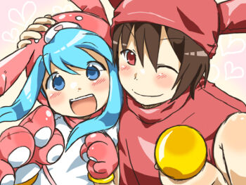 1boy 1girl animal_ears bemani blue_eyes blue_hair brother_and_sister microphone minit's pop'n_music rabbit_ears siblings timer timer_(pop'n_music)