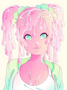 Rule 34 | 1girl, artist logo, breasts, bright pupils, colored skin, commission, dripping, ghoulkiss, green eyes, green jacket, green scrunchie, heart, heart-shaped pupils, jacket, liquid hair, logo, medium breasts, monster girl, original, pastel colors, pink hair, pink skin, portrait, scrunchie, slime (substance), slime girl, smile, solo, symbol-shaped pupils, tank top, twintails, white pupils, white tank top, yellow background