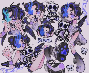 1boy amatou_akuma aqua_fire ass bare_shoulders bear_boy bear_tail beard_stubble belt black_buckle black_feathers black_frills black_hair black_shoes black_skin black_tail black_wings blue_fire blue_hair blue_veins bottomless buckle bulge chain character_name closed_mouth collar colored_extremities colored_shoe_soles colored_skin crying crying_with_eyes_open expressionless fang feathered_wings feathers feet_up fire flaming_eye frilled_arm_warmers frilled_shirt frills full_body hair_over_one_eye half-closed_eyes hand_up hands_on_own_face hands_up heart heart-shaped_buckle highres holding holding_stuffed_toy injury jewelry jitome legs_together looking_at_viewer looking_to_the_side lying male_focus male_underwear mini_wings multicolored_hair multicolored_skin multiple_views nail_(hardware) notice_lines on_back one_eye_covered open_mouth original pawpads platform_shoes purple_arm_warmers purple_belt purple_buckle purple_collar purple_eyes purple_hair purple_shirt purple_shoes purple_skin purple_straps scar shirt shoes short_hair sideways_glance simple_background skeleton skeleton_print skull sleeveless sleeveless_shirt smile solo stitches streaked_hair stubble stuffed_animal stuffed_toy tail tank_top tearing_up tears teddy_bear teeth two-tone_hair underwear upper_body upper_teeth_only veins waving white_background wings wiping_face wiping_tears