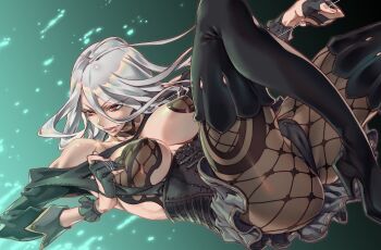 bare_shoulders black_corset black_gloves boots breasts cameltoe choker cleavage_cutout clothing_cutout corset covered_erect_nipples fingernails gloves high_heels highres large_breasts leggings lips long_hair long_sleeves original partially_fingerless_gloves pink_lips red_eyes skirt thigh_boots white_hair wire zunta