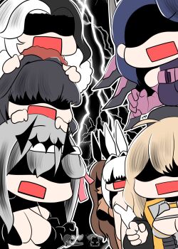 Rule 34 | 6+girls, ahoge, animal ears, anis (nikke), artist logo, bare shoulders, black gloves, black hair, black leotard, blanc (nikke), breasts, brown hair, cleavage, commentary request, dark-skinned female, dark skin, elbow gloves, fake animal ears, flower, gloves, goddess of victory: nikke, grey hair, guero nuko, hair flower, hair ornament, hair ribbon, hat, highres, isabel (nikke), jacket, large breasts, leotard, lightning background, logo, long hair, looking at viewer, love triangle, modernia (nikke), multicolored hair, multiple girls, noir (nikke), open mouth, playboy bunny, purple hair, rabbit ears, rectangular mouth, ribbon, rosanna (nikke), sakura (nikke), shaded face, short hair, split-color hair, surprised, two-tone hair, very long hair, white hair, white leotard