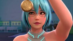 1girl 20s 3d alternate_costume animated arm_up bare_shoulders black_shirt blinking blue_hair dazed dead_or_alive dead_or_alive_6 female_focus glasses glowing_lines green_eyes hair_between_eyes halterneck highres holding holding_watch hypnosis indoors interior light_blue_hair looking_at_viewer mind_control nico_(doa) parted_lips pendulum pocket_watch recording rolling_eyes self_hypnosis shirt solo sound submission swinging talking tecmo upper_body video vynil watch watching white_shirt