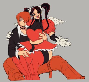 1boy 1girl absurdres armor armored_dress black_hair choker collared_shirt crossover detached_sleeves dress ear_piercing earrings fake_wings fighting_vipers frown gloves grey_background hair_over_one_eye high_heels highres honey_(fighting_vipers) jewelry long_hair midriff noodleshopkenz piercing red_hair sega shirt short_hair simple_background sitting sitting_on_lap sitting_on_person skirt smile snk the_king_of_fighters twintails white_gloves wings yagami_iori