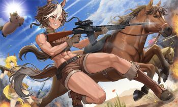2girls animal_ears assault_rifle beatricealfbern blonde_hair blue_sky boots brown_boots brown_eyes brown_hair brown_jacket closed_mouth cloud cropped_jacket gun highres holding holding_gun holding_weapon horse horse_ears horse_girl horse_tail indie_virtual_youtuber jacket looking_at_viewer m16 m16a4 multiple_girls muscular muscular_female outdoors rifle sky smile solo sun tail tomoe_umari tomoe_umari_(umari_3.0) virtual_youtuber weapon