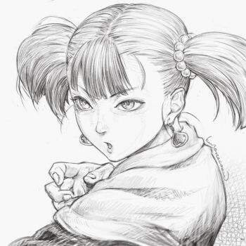 Rule 34 | 1girl, commentary request, crosshatching, dragon quest, dragon quest iii, earrings, greyscale, hatching (texture), jewelry, kuroneco, martial artist (dq3), monochrome, short twintails, slime (dragon quest), solo, twintails
