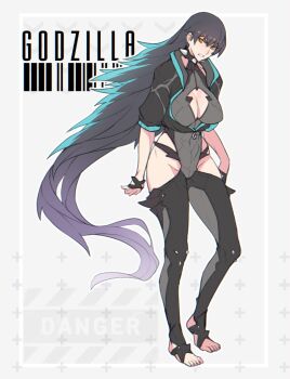 1girl absurdly_long_hair ban!_(bansankan) blue_eyes breasts cleavage clothing_cutout collar genderswap genderswap_(mtf) godzilla godzilla_(2014) godzilla_(monsterverse) godzilla_(series) grey_hair highres hip_vent humanization kaiju large_breasts legendary_pictures long_hair looking_at_viewer monsterverse multicolored_hair spiked_collar spikes toeless_legwear toho two-tone_hair very_long_hair yellow_eyes
