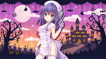 1girl aqua_eyes argyle_background bandaged_arm bandages bat_ornament blue_hair blush breasts candy castle cloud cowboy_shot dot_nose dress fence film_grain food full_moon game_cg ghost_ornament gloves gradient_sky graveyard halloween halloween_costume hand_on_own_thigh hand_up hat holding holding_syringe honjou_kasumi izumi_tsubasu jack-o&#039;-lantern lace lace_thighhighs lantern looking_at_viewer medium_breasts medium_hair moon non-web_source nurse nurse_cap object_through_head official_art open_mouth orange_sky path purple_dress purple_garter_straps purple_gloves purple_hat purple_sky re:stage! road screw_in_head short_dress short_sleeves sideboob silk sky smile solo spider_web star_(symbol) syringe thighhighs tombstone torn_clothes torn_sleeves tree