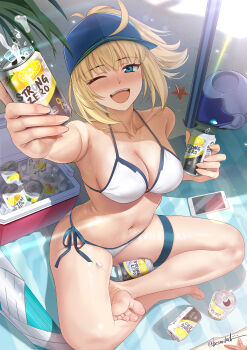 1girl absurdres ahoge artoria_pendragon_(fate) bare_shoulders barefoot baseball_cap beach_towel beer_can besmiled bikini blonde_hair blue_bikini blue_eyes blue_hat blush breasts can cleavage commentary commission cooler drink_can drunk english_commentary fate/grand_order fate_(series) full_body hair_between_eyes hair_through_headwear hat highres holding holding_can indian_style large_breasts long_hair looking_at_viewer multicolored_bikini mysterious_heroine_xx_(fate) navel one_eye_closed open_mouth pixiv_commission ponytail side-tie_bikini_bottom sidelocks sitting smile solo strong_zero swimsuit teeth towel two-tone_bikini upper_teeth_only white_bikini