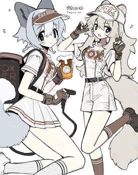 +_+ 2girls alcohol animal_ears artist_name baseball_cap beer black_eyes breasts bright_pupils brown_gloves brown_shoes closed_mouth cup double_v fingerless_gloves fox_ears fox_girl fox_tail gloves grey_hair hat highres holding holding_cup long_hair multiple_girls open_mouth original pleated_skirt red_socks shoes short_hair shorts simple_background sketch skirt small_breasts socks tail taonoinu uriko_(baseball) v white_background white_hat white_pupils white_shoes white_shorts white_skirt white_socks