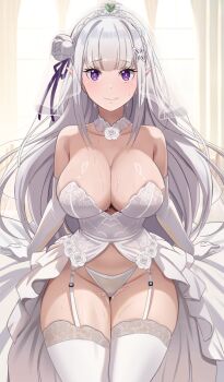 1girl alternate_costume bare_shoulders blush braid breasts bridal_veil choker cleavage collar cowboy_shot crown_braid dress elbow_gloves elf emilia_(re:zero) flower frilled_choker frilled_thigh_strap frills gem gloves green_gemstone hair_flower hair_ornament hair_ribbon highres indoors large_breasts long_hair looking_at_viewer nontraditional_wedding_dress open_clothes open_dress pointy_ears purple_eyes purple_ribbon re:zero_kara_hajimeru_isekai_seikatsu ribbon rose smile solo stomach sweat the_amazing_gambit thigh_strap thighhighs thighs underwear veil wedding_dress white_collar white_flower white_hair white_rose white_tiara window x_hair_ornament