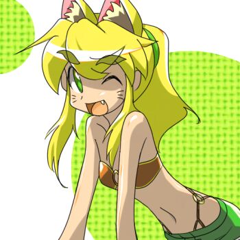 1girl animal_ears belt_bra blonde_hair extra_ears fang female_focus green_eyes kakikukeko liru midriff navel one_eye_closed ponytail renkin_san-kyuu_magical_pokaan shorts solo wink wolf_ears