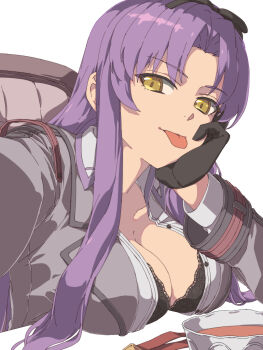 1girl black_bra black_gloves black_ribbon bra breasts chiharu_(9654784) cleavage commentary_request commission cup curtained_hair eiyuu_densetsu gloves hair_ribbon highres kuro_no_kiseki kuro_no_kiseki_(series) kuro_no_kiseki_ii lace lace_bra large_breasts long_hair looking_at_viewer parted_bangs partially_unbuttoned purple_hair renne_(eiyuu_densetsu) ribbon selfie sidelocks simple_background sitting skeb_commission smile solo teacup tongue tongue_out underwear white_background yellow_eyes