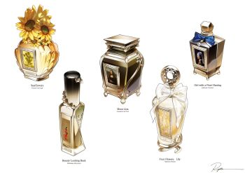 Rule 34 | artist name, blue bow, bottle, bow, english text, fine art parody, flower, gem, girl with a pearl earring, mona lisa, no humans, original, parody, pearl (gemstone), perfume (cosmetics), perfume bottle, ryota (ry o ta), simple background, sunflower, sunflowers (van gogh), white background, white bow