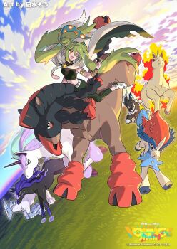 1girl armlet black_pants black_shirt blush chinese_zodiac cloud cloudy_sky commentary_request crop_top double_bun galarian_form galarian_rapidash gen_1_pokemon gen_5_pokemon gen_7_pokemon gen_8_pokemon glastrier gold_armlet green_hair ground_miku_(project_voltage) hair_between_eyes hair_bun happy_new_year hatsune_miku highres horseback_riding jewelry keldeo keldeo_(ordinary) legendary_pokemon looking_at_another looking_back midriff mudsdale mythical_pokemon nagimiso new_year nintendo official_alternate_costume official_alternate_hairstyle official_art one_eye_closed open_mouth orange_eyes pants pokemon pokemon_(creature) project_voltage rapidash riding second-party_source shirt sky smile spectrier vocaloid year_of_the_horse zebstrika