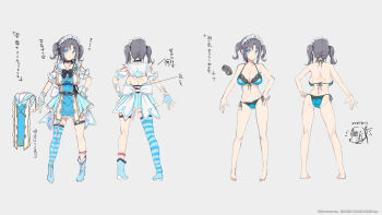 1girl anklet ass asuka_(senran_kagura) asymmetrical_footwear asymmetrical_legwear backboob backless_dress backless_outfit badge bare_shoulders belt belt_buckle bikini black_belt blue_bikini blue_dress blue_eyes blue_footwear blue_gloves blue_thighhighs blue_trim blush boots bow breasts buckle butt_crack button_badge buttons reference_sheet chibi chibi_inset cleavage clothes_on_and_off collarbone concept_art contrapposto copyright_name double-breasted dress fingerless_gloves frilled_dress frills from_behind front-tie_bikini_top front-tie_top full_body gloves gluteal_fold grey_background grey_hair groin hair_ornament hand_on_own_hip high_heels highres horizontal-striped_thighhighs huge_bow jewelry lace lace-trimmed_bikini lace-trimmed_dress lace_trim large_breasts linea_alba looking_at_viewer maid_headdress marvelous median_furrow multiple_views navel notes o3o official_alternate_costume official_alternate_hairstyle official_art production_art sailor_collar senran_kagura senran_kagura_new_link senran_kagura_shinovi_versus short_dress short_hair short_twintails side-tie_bikini_bottom simple_background single_thigh_boot single_thighhigh smile standing studded_belt swimsuit thigh_boots thigh_strap thighhighs translation_request turnaround twintails two-tone_gloves underbust variations waist_bow white_gloves white_sailor_collar yaegashi_nan yumi_(senran_kagura) zipper zipper_legwear