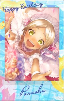 1girl :d arms_up bindi bouquet_toss breasts character_name commentary_request confetti copyright_notice dark-skinned_female dark_skin dress flower from_above green_eyes hair_flower hair_ornament happy_birthday light_brown_hair looking_at_viewer official_alternate_costume official_art open_mouth parashu parted_bangs phantom_of_the_kill polaroid_photo second-party_source small_breasts smile solo teeth upper_teeth_only wedding_dress white_dress