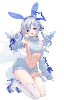 1girl :d absurdres alternate_costume amane_kanata angel angel_wings animal_ears aran_sweater asymmetrical_bangs bare_shoulders blue_hair blue_nails blush breasts cable_knit colored_inner_hair detached_sleeves fake_animal_ears fake_tail feathered_wings full_body garter_straps gradient_wings grey_hair grey_sweater hair_ornament hair_rings hairclip halo heart heart_o-ring high_heels highres hololive kneeling long_hair looking_at_viewer low_twintails multicolored_hair multicolored_wings nail_polish navel o-ring o-ring_thigh_strap official_alternate_hairstyle open_mouth purple_eyes rabbit_ears rabbit_tail simple_background single_hair_intake single_thighhigh sleeves_past_wrists small_breasts smile solo star_halo stomach streaked_hair sweater tail teeth thigh_strap thighhighs turtleneck turtleneck_sweater twintails underboob upper_teeth_only virgin_destroyer_sweater virtual_youtuber white_background white_thighhighs wings ysnhryk