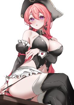 1girl absurdres apron arm_under_breasts bicorne black_boots black_corset black_hat black_panties black_sleeves blush boots breasts cleavage commentary commission corset cosplay crossed_legs desk detached_collar detached_sleeves earrings goddess_of_victory:_nikke hair_between_eyes hat highres jewelry large_breasts long_hair looking_at_viewer mast_(nikke) mast_(nikke)_(cosplay) mast_(romantic_maid)_(nikke) navel on_desk panties panty_pull parted_lips phase_connect pink_hair pink_nails pirate_hat puffy_detached_sleeves puffy_sleeves purple_eyes runie_ruse second-party_source sitting skull sleeve_bow sleeve_cuffs solo thigh_boots transparent_background underwear vayneeeee virtual_youtuber waist_apron white_apron