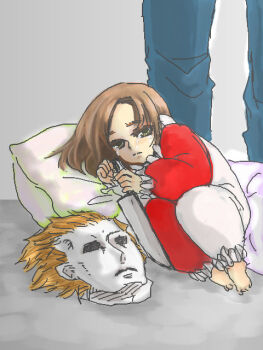 Rule 34 | 0524seiten, 1boy, 1girl, 2012, age difference, barefoot, brown hair, clown costume, crying, curled up, halloween (movie), holding, holding knife, jamie lloyd, knife, lying, michael myers, on side, pillow, size difference, standing, uncle and niece, white mask