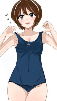 Rule 34 | 1girl, adjusting clothes, adjusting gloves, blush, breasts, brown eyes, brown hair, commentary request, covered navel, cowboy shot, embarrassed, gloves, hairband, highres, kantai collection, looking at viewer, medium breasts, natori (kancolle), one-piece swimsuit, open mouth, school swimsuit, short hair, sirayuki0328081, solo, sweatdrop, swimsuit, white background, white hairband