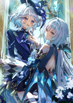 Rule 34 | 2girls, :t, absurdres, ahoge, aqua eyes, blue eyes, blue hair, blue hat, blue jacket, blue sleeves, blush, cerydra (honkai: star rail), closed mouth, commentary request, detached sleeves, drop-shaped pupils, fingernails, furina (genshin impact), genshin impact, hair between eyes, hat, highres, honkai: star rail, honkai (series), jacket, long hair, long sleeves, looking at another, maaashuro, multiple girls, nail polish, open mouth, pout, short hair, symbol-shaped pupils, tilted headwear, top hat