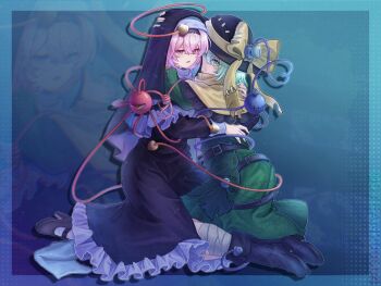 2girls adapted_costume alternate_costume ankle_boots bandaged_leg bandages belt black_belt black_boots black_cloak black_hairband black_hat black_shoes blue_background blue_border boots border bow capelet chinese_commentary clenched_teeth cloak commentary_request cosplay crossed_bangs fake_scar frankenstein&#039;s_monster frankenstein&#039;s_monster_(cosplay) frilled_cloak gradient_background gradient_border green_background green_border green_eyes green_hair green_jacket hair_between_eyes hairband halftone halftone_background halloween hat hat_bow hat_ribbon heart heart_of_string high_heels highres hug jacket kneeling komeiji_koishi komeiji_satori long_sleeves looking_at_viewer medium_hair multiple_belts multiple_girls nun object_through_head open_mouth pink_eyes pink_hair ribbon s-tea-m screw_in_head shoes short_hair socks sun_costume tape teeth third_eye touhou white_socks yellow_bow yellow_capelet yellow_ribbon zoom_layer