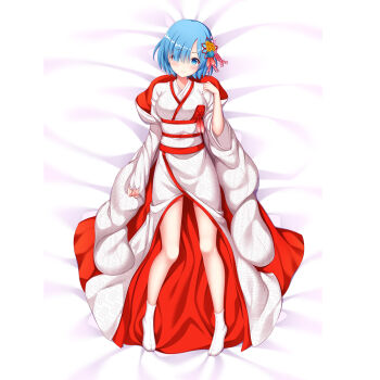 1girl blanket blue_eyes blue_hair blush breasts commentary_request dakimakura_(medium) erspace eyelashes hair_ornament hair_over_one_eye looking_at_viewer lying on_back re:zero_kara_hajimeru_isekai_seikatsu rem_(re:zero) smile socks solo white_socks wide_sleeves