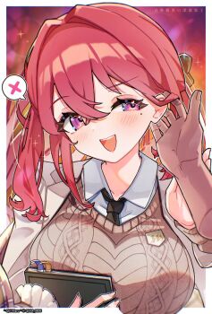 1girl 1other black_necktie book border breasts brown_coat brown_sweater_vest coat commentary_request hair_between_eyes hand_on_another's_ear highres himekawa_senka holding holding_another's_arm holding_book large_breasts long_hair mole mole_under_eye muv-luv muv-luv_girls_garden necktie open_clothes open_coat open_mouth outside_border pov pov_hands purple_eyes qiri_maru red_hair shirt sparkle spoken_x sticky_note sweater_vest teeth twitter_username upper_body upper_teeth_only white_border white_shirt