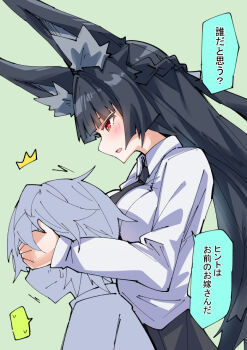 1boy 1girl ^^^ animal_ear_fluff animal_ears behind_another black_hair black_necktie black_skirt blank_speech_bubble blush breast_press breasts closed_mouth colored_speech_bubble commentary_request covering_another's_eyes fox_ears fox_girl green_background hetero hoshimi_miyabi large_breasts long_hair looking_at_another necktie no_jacket nodachi_(nodati51) open_mouth red_eyes shirt short_hair skirt speech_bubble sweat translation_request white_shirt wise_(zenless_zone_zero) zenless_zone_zero