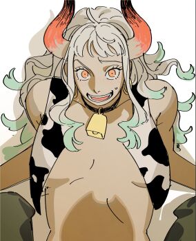 1boy 1girl animal_print bare_arms bell black_pants blush boy_on_top breasts collar cow_print earrings eyelashes furrowed_brow highres hoop_earrings horns jewelry long_hair looking_at_viewer lying multicolored_hair neck_bell nyan_2020 on_back one_piece open_clothes open_mouth open_vest orange_pupils pants portgas_d._ace pov raised_eyebrow red_horns shadow sidelocks sketch sleeveless smile straddling sweatdrop topless_female underboob vest white_background white_hair yamato_(one_piece)