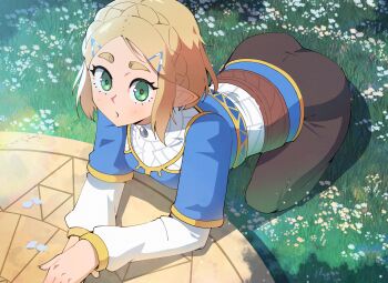 1girl absurdres all_fours ass black_pants blonde_hair blue_shirt braid commentary crown_braid english_commentary gjh gold_trim green_eyes highres layered_sleeves long_sleeves looking_at_viewer nintendo on_grass pants pointy_ears princess_zelda shirt short_hair short_over_long_sleeves short_sleeves solo the_legend_of_zelda the_legend_of_zelda:_tears_of_the_kingdom