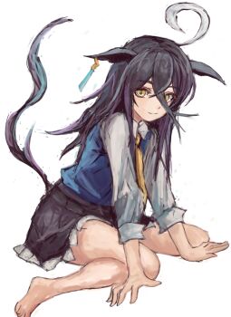 Rule 34 | 1girl, ahoge, animal ears, barefoot, black hair, black skirt, blue sweater vest, closed mouth, collared shirt, commentary request, ear tag, earrings, hair between eyes, horse ears, horse girl, horse tail, jewelry, long bangs, long hair, long hair between eyes, long sleeves, looking at viewer, manhattan cafe (umamusume), multicolored hair, necktie, pleated skirt, school uniform, shirt, simple background, single earring, sitting, skirt, smile, solo, sweater vest, tail, umamusume, wariza, white background, white hair, white shirt, yanagi wakana, yellow eyes, yellow necktie