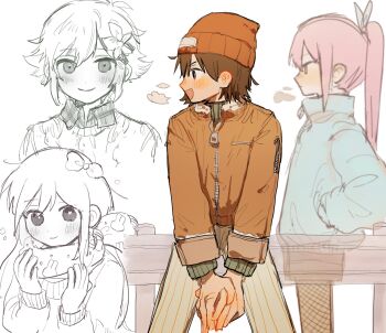 1girl 2boys :d aged_down alternate_costume animal_print aran_sweater aubrey_(faraway)_(omori) aubrey_(omori) basil_(faraway)_(omori) basil_(omori) beanie blue_bow blue_jacket blush bow breath bright_pupils brown_hair cable_knit closed_mouth collared_shirt cowboy_shot denim denim_shorts double-parted_bangs ear_blush fence fishnet_pantyhose fishnets flat_chest flipped_hair flower fur-trimmed_jacket fur_trim green_sweater grey_shorts hair_behind_ear hair_between_eyes hair_bow hair_flower hair_ornament hands_in_pockets hands_up hat high_ponytail highres jacket kel_(faraway)_(omori) kel_(omori) layered_sleeves long_hair long_sleeves looking_ahead looking_at_viewer multiple_boys official_alternate_costume omori open_mouth orange_hat orange_jacket own_hands_together pantyhose pink_hair plaid_clothes plaid_shirt ponytail profile puffy_long_sleeves puffy_sleeves rabbit_print ribbed_sweater scarf shirt short_hair short_shorts shorts sidelocks simple_background sitting sitting_on_fence smile standing sweater tareme time_paradox turtleneck turtleneck_sweater v_arms watya_wacha white_background white_pupils wooden_fence zipper