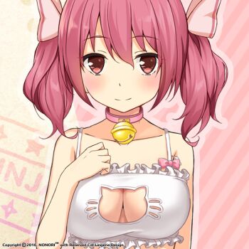 1girl bare_arms bare_shoulders bell blush bra breasts cat_cutout cat_lingerie choker cleavage_cutout closed_mouth clothing_cutout frilled_bra frills looking_at_viewer moe!_ninja_girls momochi_myu neck_bell official_art pink_eyes pink_hair short_twintails solo straight-on twintails underwear underwear_only upper_body white_bra