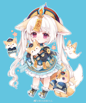 1girl absurdres animal_ears bare_shoulders black_boots black_sleeves blue_background blue_dress boots chibi chinese_clothes chinese_commentary circle_skirt closed_mouth coin commentary_request detached_sleeves dot_nose dress ears_down eyelashes footwear_ribbon fox fox_ears fox_girl fox_tail frilled_boots frilled_dress frilled_sleeves frills frown ghost_tail grey_outline hat highres holed_coin jiangshi large_tail light_blush light_particles lips long_hair long_sleeves looking_at_viewer medium_dress miracle_nikki nikki_(series) nuli_de_chengzhi_er ofuda ofuda_on_head ominous_fox_trace_(miracle_nikki) outline pink_eyes pom_pom_(clothes) qingdai_guanmao ribbon sad simple_background sleeveless sleeveless_dress sleeves_past_fingers sleeves_past_wrists solo standing tail tearing_up triangular_headpiece twintails very_long_hair watermark wavy_hair weibo_watermark white_hair wide_sleeves yellow_hat yellow_ribbon