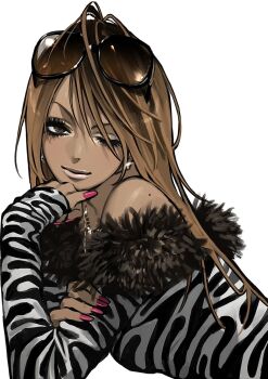 1girl animal_print brown_eyes brown_hair closed_mouth commentary dark-skinned_female dark_skin earrings eyewear_on_head fur_trim gyaru hair_between_eyes hand_on_own_arm head_rest highres jewelry long_hair long_sleeves looking_at_viewer ma0ma0_0 mole mole_on_arm off_shoulder one_eye_closed original pink_nails saotome_anna simple_background sleeves_past_wrists smile solo sunglasses symbol-only_commentary upper_body white_background white_eyeshadow zebra_print