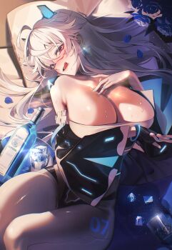 1girl :q absurdres black_gloves black_sleeves blue_eyes blue_flower blue_nails blue_petals blush bottle breasts cleavage earrings facial_mark fingerless_gloves flower gloves highres ice ice_cube indie_virtual_youtuber jewelry large_breasts long_hair lying nomu_(29_nom) on_back pillow pink_eyes prot0type7 second-party_source solo tongue tongue_out virtual_youtuber wet white_hair