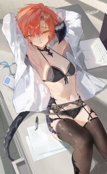 1girl absurdres armpit_focus armpits arms_up black_bra black_panties black_thighhighs blush bra breasts commentary_request cowboy_shot desk dragon_girl dragon_horns dragon_tail final_fantasy final_fantasy_xiv highres horns id_card lanyard licking_lips looking_at_viewer lying on_desk open_clothes open_shirt orange_hair panties paper pen scales shikina_(mochigushi_) short_hair sitting small_breasts solo tail thighhighs tongue tongue_out underwear warrior_of_light_(ff14) yellow_eyes