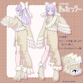 1girl 1other angry artist_name asymmetrical_clothes asymmetrical_dress black_eyes boots bow breast_pocket brown_boots brown_dress brown_shorts character_name china_dress chinese_clothes closed_mouth commentary copyright_name cosplay dress frills front_and_back full_body grid_background hair_bow hand_up heart high_heel_boots high_heels highres kyatatsura kyatatsura_(cosplay) long_dress long_hair long_sleeves looking_at_viewer looking_back mandarin_collar metal_max metal_max_2 monster multiple_views pocket purple_eyes purple_hair shanghai_neckline sharp_teeth shira_neri shorts shorts_under_dress side_slit smile stairs standing stone_stairs teeth tongue tongue_out translated very_long_sleeves yellow_bow