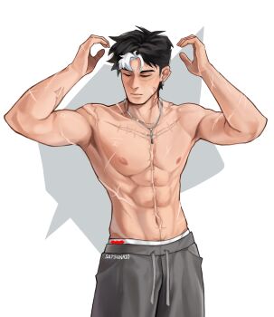 Rule 34 | 1boy, abs, armpits, arms up, artist name, autopsy scar, batman (series), batman symbol, biceps, bullet scar, closed eyes, collarbone, cross, cross necklace, dc comics, deltoids, drawstring, earrings, facial scar, grey pants, highres, jason todd, jewelry, latin cross, male focus, male underwear, male underwear peek, multicolored hair, multiple scars, muscular, muscular male, navel hair, necklace, nipples, pants, pectorals, satsuna10, scar, scar on arm, scar on cheek, scar on chest, scar on face, scar on neck, scar on stomach, scars all over, simple background, single earring, solo, sternotomy scar, streaked hair, surgical scar, sweatpants, toned, toned male, too many, topless male, trapezius, underwear, white background, white streaks