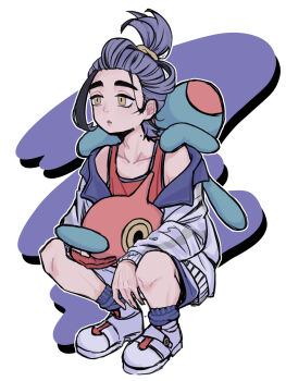 Rule 34 | 1boy, arm on own leg, arm rest, black hair, blue socks, collarbone, colored sclera, commentary, gen 4 pokemon, gloves, hachigo (user fcvx3358), hairband, highres, holding, holding detached head, horns, jacket, jacket partially removed, kieran (pokemon), looking ahead, loose hair strand, male focus, mole, mole on neck, multicolored hair, nintendo, on shoulder, open clothes, open jacket, parted lips, partially fingerless gloves, pokemon, pokemon (creature), pokemon on shoulder, pokemon sv, ponytail, porygon-z, purple hair, red gloves, red tank top, shorts, simple background, single glove, single horn, socks, solo, squatting, tank top, triangle mouth, two-tone hair, white jacket, white shorts, yellow eyes, yellow hairband, yellow sclera
