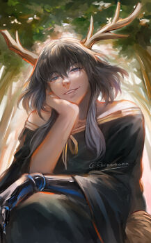 1boy absurdres bare_shoulders black_shirt blue_eyes commentary deer_tail english_commentary fate/grand_order fate_(series) forest grey_hair hair_between_eyes highres horns looking_at_viewer male_focus nature oberon_(fate) oberon_(third_ascension)_(fate) outdoors parted_lips renrenka_noi shirt short_hair sidelocks solo tail upper_body